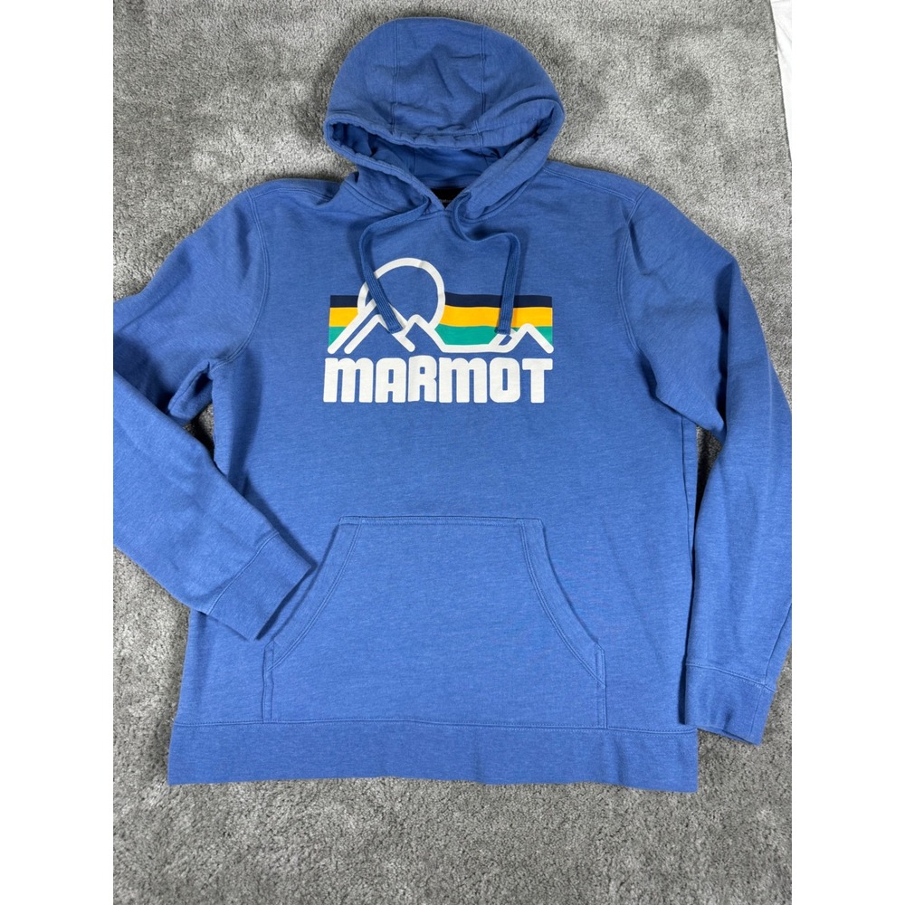 Marmot Mens Mountain Graphic Pullover Hoodie Blue XL Retro Stripe Fleece Pocket